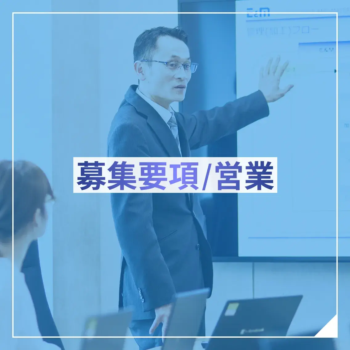 提案営業の業務風景。社内ミーティングで資料を使い説明する社員